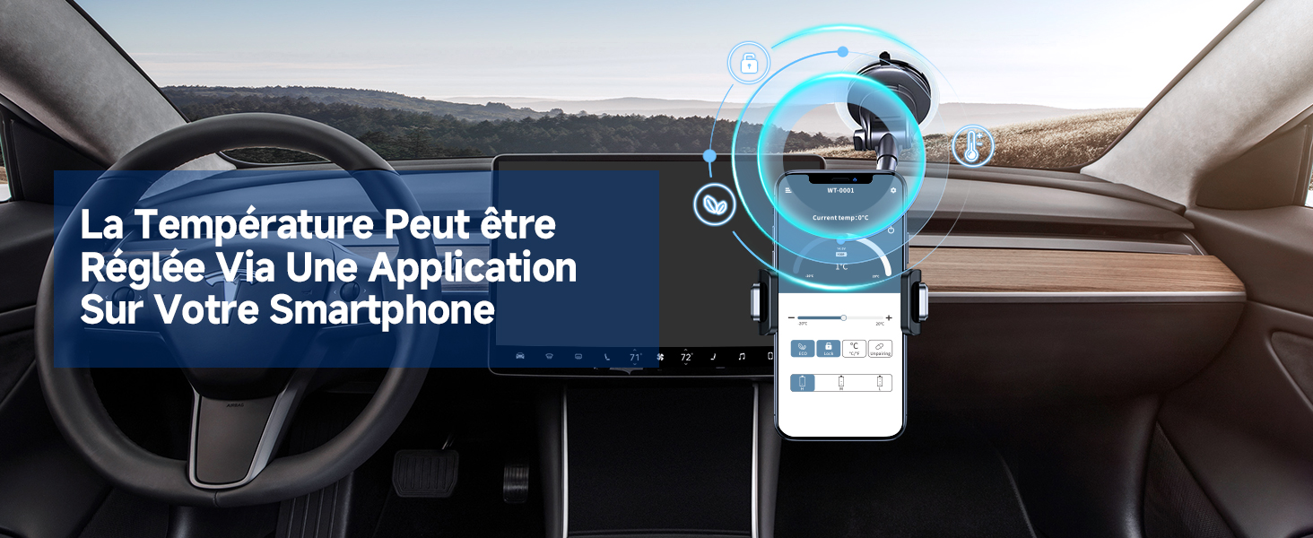 avec smartphone intégré, affichant une application de contrôle de la température. La superposition de l'interface holographique montre des icônes de réglage de la température flottant au-dessus