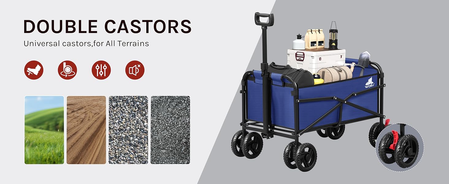 Blue folding utility wagon with double wheel castors. Features include all-terrain capability, high weight capacity, and collapsible design for easy storage and transport.