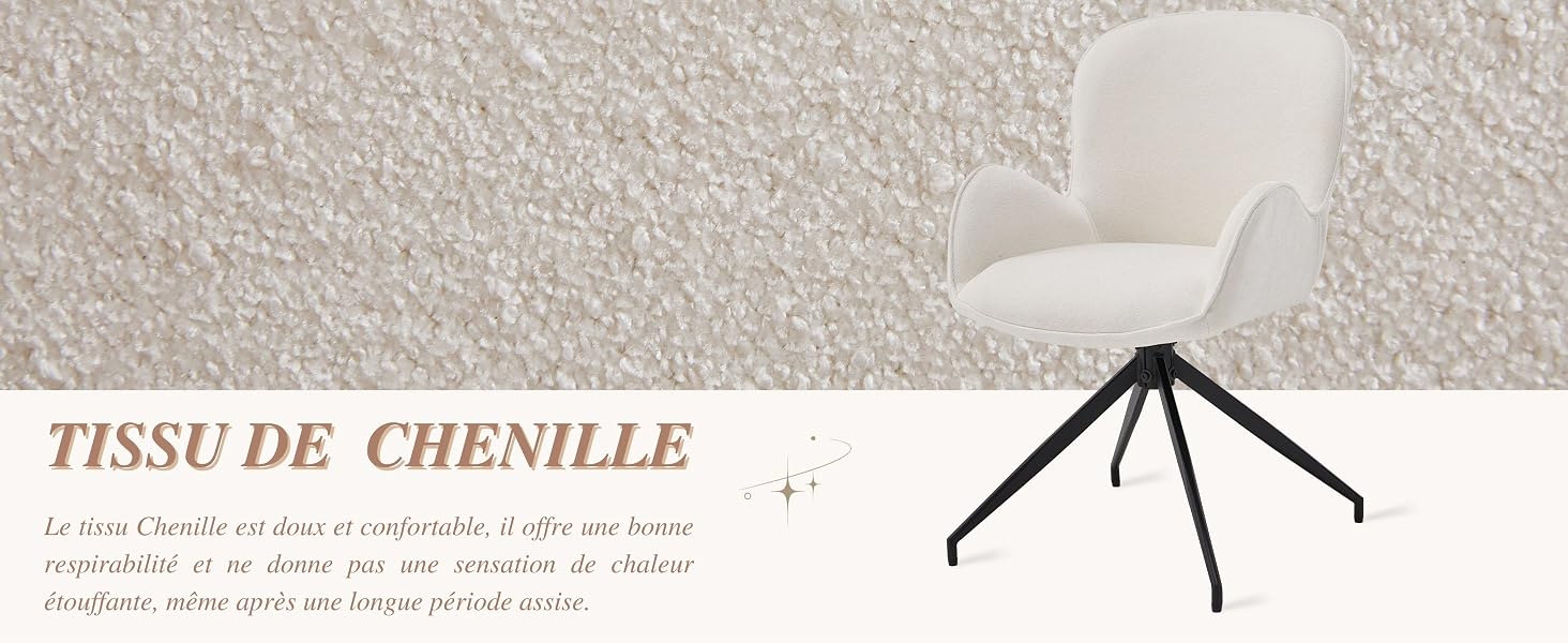 Le texte indique « TISSU DE CHENILLE ». Support ou support moderne de style patte d'araignée noire sur un fond texturé gris clair.