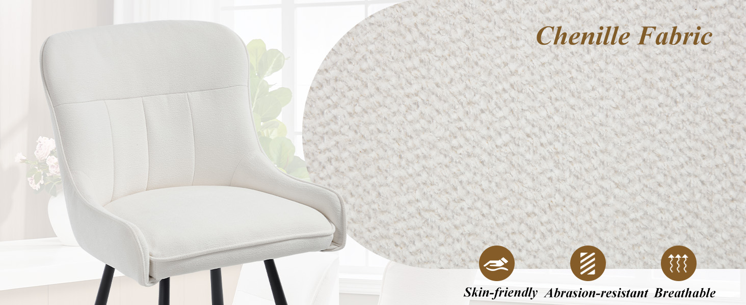 Text reads 'Chenille Fabric'. White upholstered accent chair with tufted backrest, shown alongside fabric texture close-up with material properties icons.