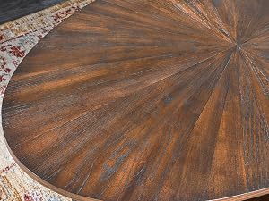 Runde Esstischplatte aus Holz mit Sunburst-Muster in dunkelbrauner Oberfläche, die eine detaillierte Holzmaserung zeigt, die vom Mittelpunkt aus strahlt
