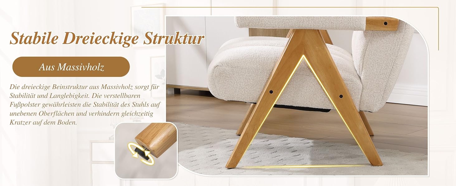 Der Text lautet „Stabile Dreieckige Struktur“. A-Rahmenkonstruktion aus Holz mit Nahaufnahme, die den Verbindungspunkt und die Holzmaserung zeigt.