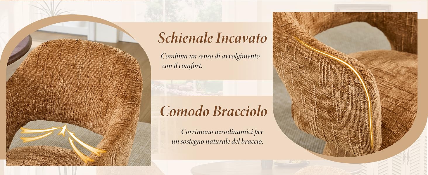 Il testo recita «Schienale Incavato» e «Comodo Bracciolo». Visualizzazioni multiple del design di un prodotto in legno curvo che mostra la forma ergonomica e i dettagli costruttivi.