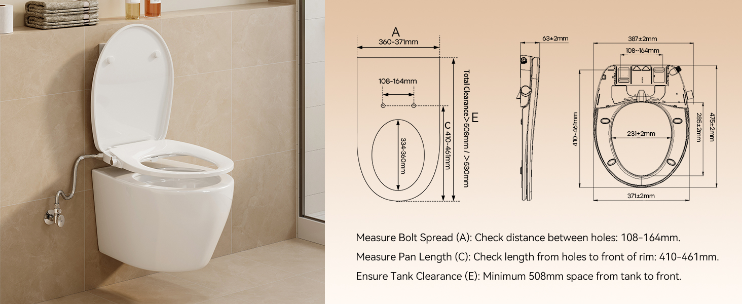 Technical diagram and installation instructions for toilet fixture showing dimensions, plumbing layout, and mounting specifications. Multiple views include side elevation and top-down perspectives.