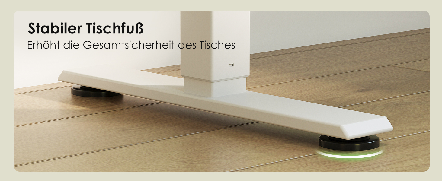 Der Text lautet „Stabiler Tischfuß“. Das Produktfoto zeigt ein weißes stabilisierendes Möbelbein oder eine Stützkomponente vor neutralem Hintergrund.