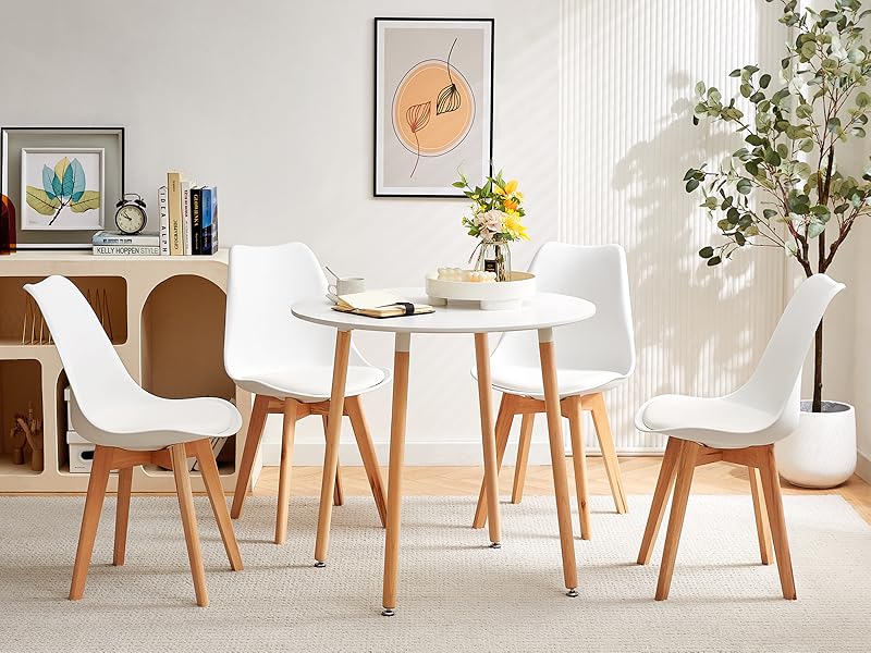 une table à manger avec quatre chaises et une table avec une plante dessus.