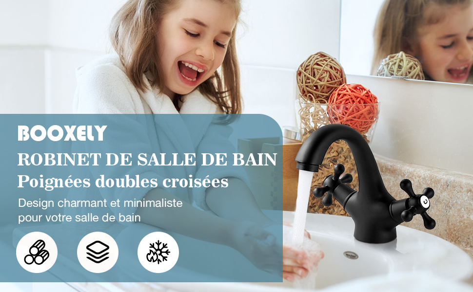 con doppie maniglie incrociate in finitura nero opaco. Bambino che usa un lavandino con sfere decorative intrecciate visibili sullo sfondo.