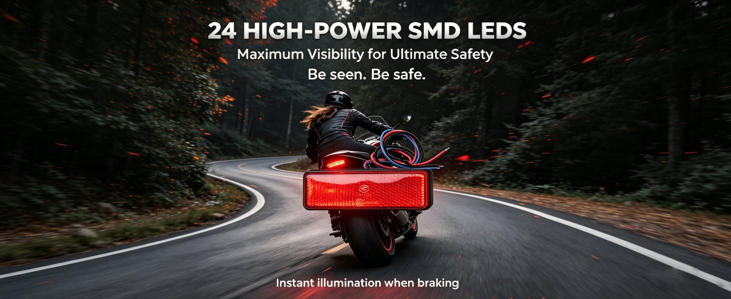 Text reads "24 HIGH-POWER SMD LEDS", "Maximum Visibility for Ultimate Safety", "Be seen. Be safe.", "Instant illumination when braking". Red bicycle rear light with 24 LED array mounted on bike at night on road, demonstrating safety lighting function.