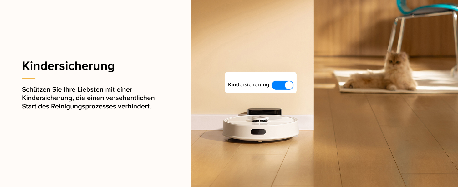 Weißes kreisförmiges Robotergerät auf Holzboden mit einem Text, in dem die Sicherheitsmerkmale für Kinder erwähnt werden. Eine verschwommene Katze im Hintergrund deutet auf den Kontext der häuslichen Umgebung