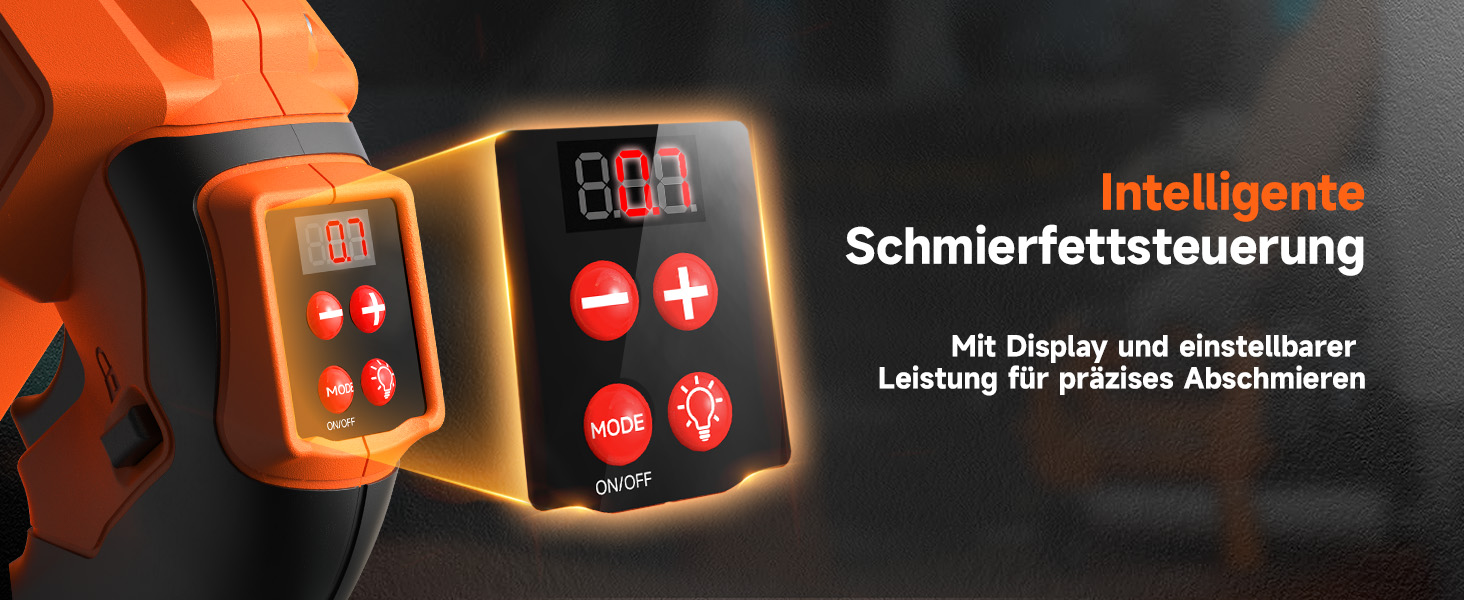 Der Text lautet „Intelligente Schmierfettsteuerung“. Mehrere orangefarbene Geräte mit Digitalanzeigen, auf denen numerische Anzeigen und LED-Anzeigen angezeigt werden, scheinen industrielle Steuerungs- oder Überwachungsgeräte zu sein.