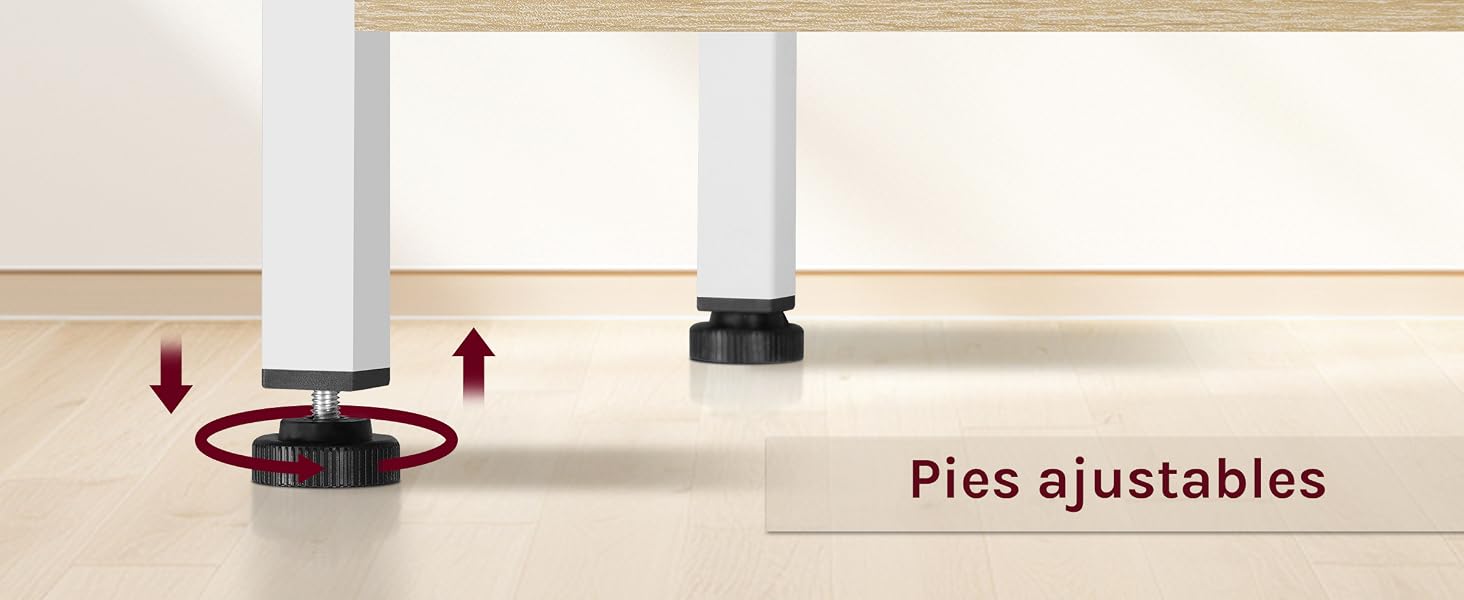 Las patas de los muebles blancas con mecanismos de patas ajustables se muestran contra la superficie de madera, con indicadores de dirección rojos para el ajuste.
