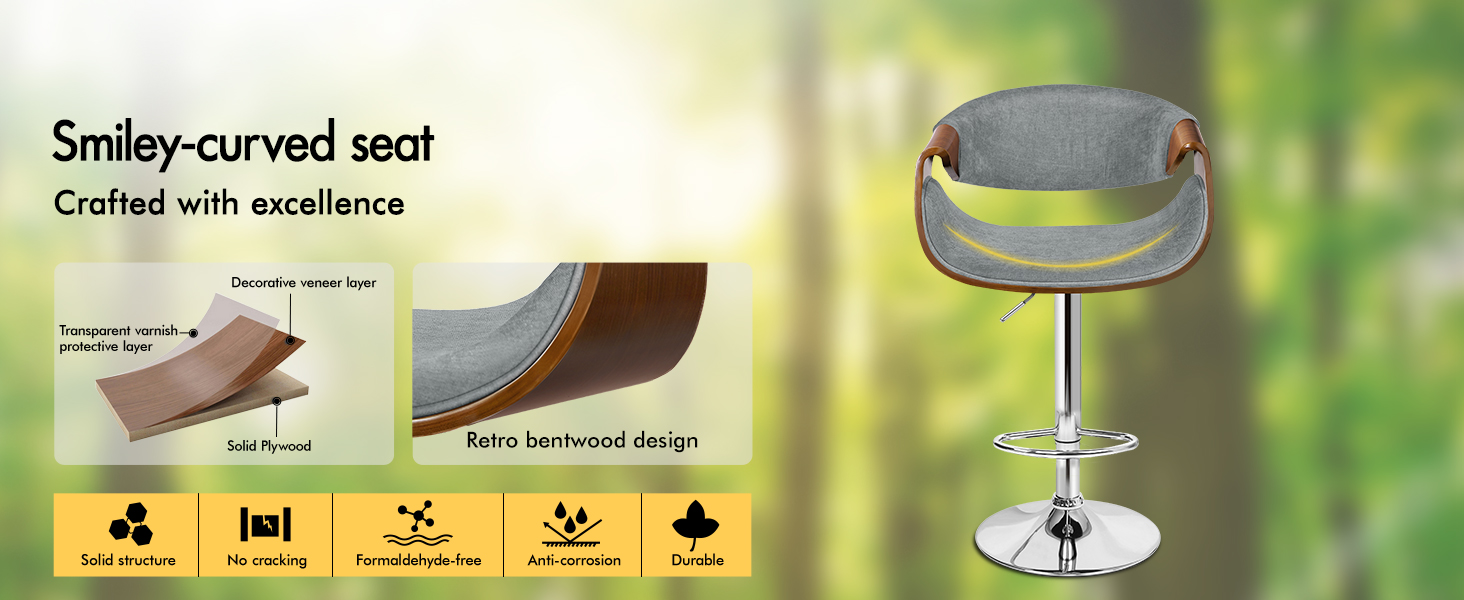 Text reads 'Smiley-curved seat. Crafted with excellence.' Diagram showing progressive steps of a curved seating design with measurements and angles indicated across multiple views.