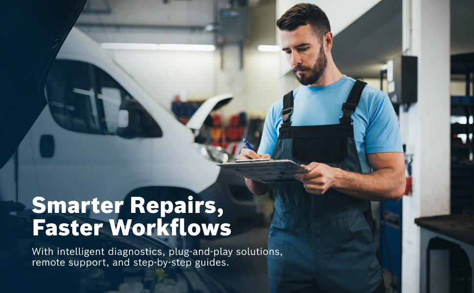 Text reads 'Smarter Repairs, Faster Workflows' and 'with intelligent diagnostics, step-by-step solutions, remote support, and integrated guides'. Professional repair workflow demonstration.