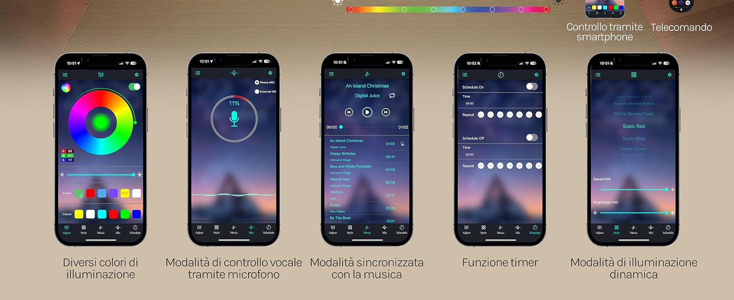 Cinque smartphone che mostrano diversi sfondi colorati con temi del cielo notturno e del paesaggio, che mostrano vari modelli di telefono fianco a fianco con schermi personalizzabili.