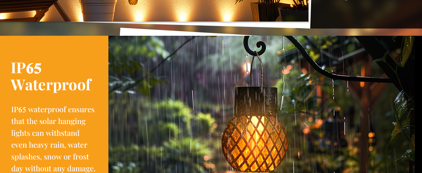 illuminées sous la pluie. Le texte met en évidence l'indice d'étanchéité IP65, garantisce che les lampes résistent aux fortes pluies, aux éclaboussures d'eau, à la neige ou au gel sans être endommagées