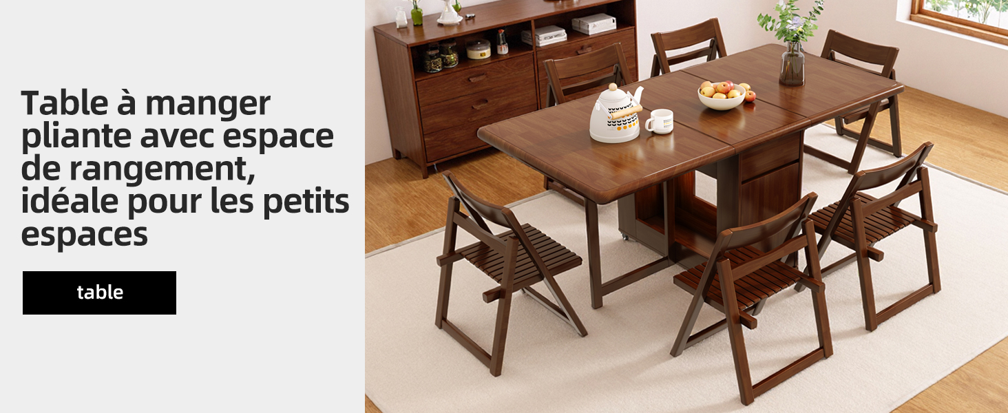 Le texte se lit comme suit : « Table à manger idéale pour les petits espaces » et « table ». Ensemble de salle à manger pliable en bois foncé avec chaises, montrant plusieurs angles du meuble peu encombrant.