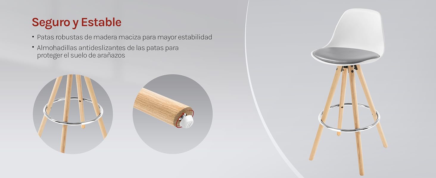 con asiento de plástico blanco y patas de madera. Los primeros planos muestran una construcción de base estable y almohadillas antideslizantes para