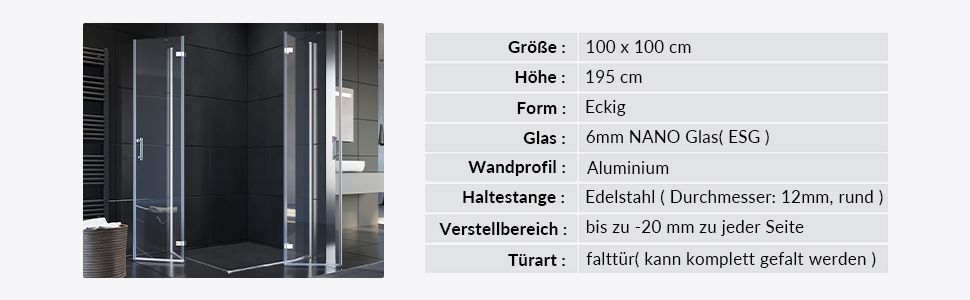 SONNI Duschkabine 100x100 cm falttür Eckeinstieg faltbar Duschabtrennung Faltdusche NANO 195cm