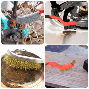 Collage of four cleaning brush images: wire brush on bike chain, red scrub brush on floor, brass wire brush on rusty surface, and red plastic scraper on wood.