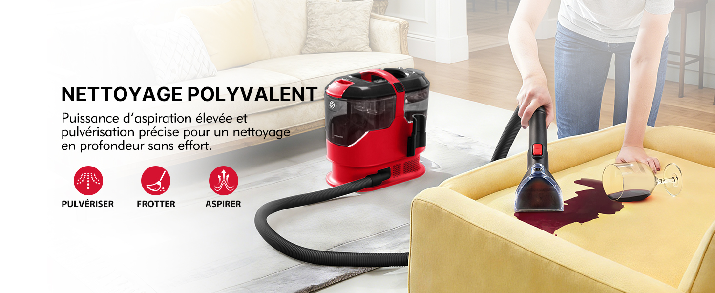 Le texte indique « NETTOYAGE POLYVALENT ». Aspirateur ou appareil de nettoyage rouge en cours d'utilisation sur diverses surfaces avec des icônes de fonction.