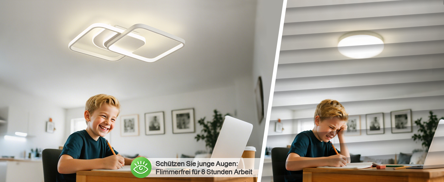 Modernes Heimbüro mit geometrischer LED-Deckenleuchte. Geteiltes Bild, das denselben Arbeitsbereich mit unterschiedlichen Lichtverhältnissen zeigt.