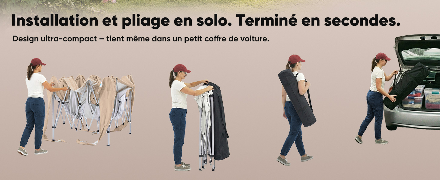 Le texte se lit comme suit : « Installation et pliage en solo. Terminé en secondes. » Séquence d'illustration répétée montrant les étapes d'installation avec le véhicule.