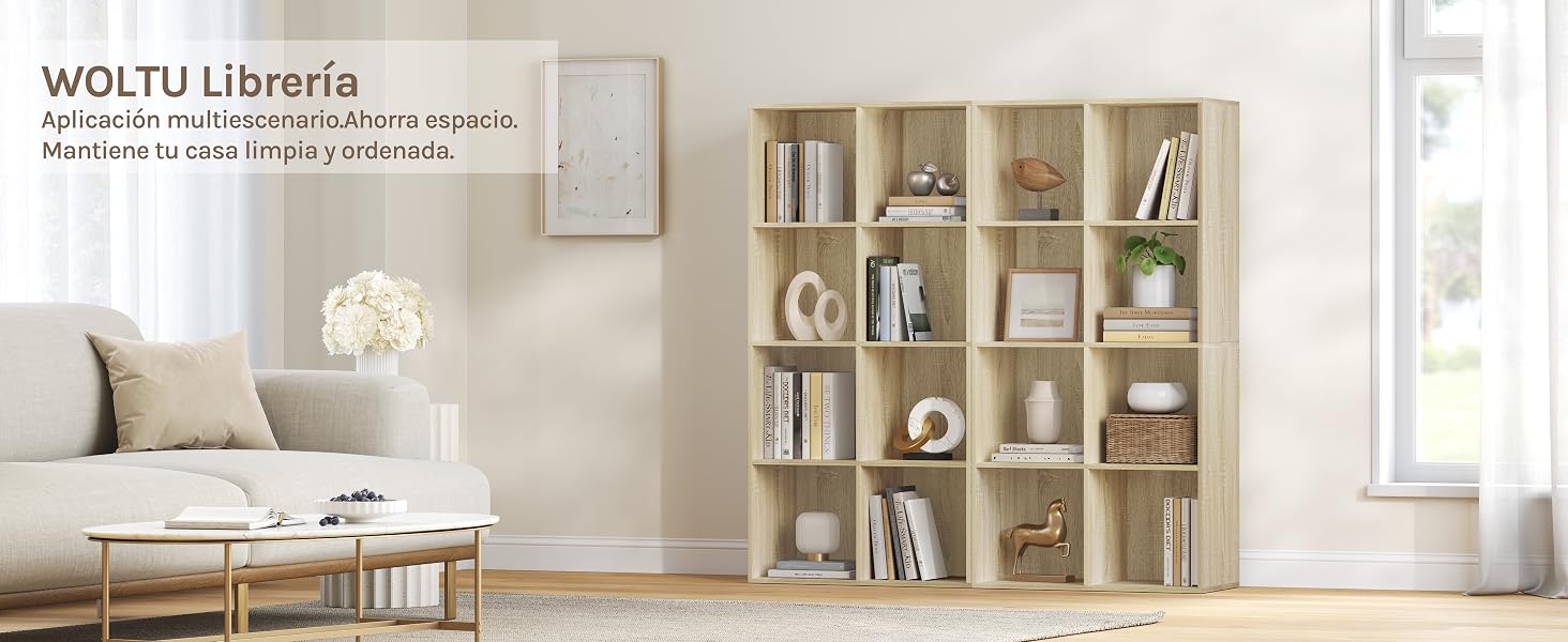 una estantería con libros y objetos.