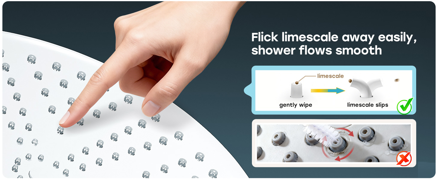 Text reads 'Flick timescale away easily, shower flows smooth'. Series of illustrative icons demonstrating tap or shower control interface with dots and checkmark indicators.