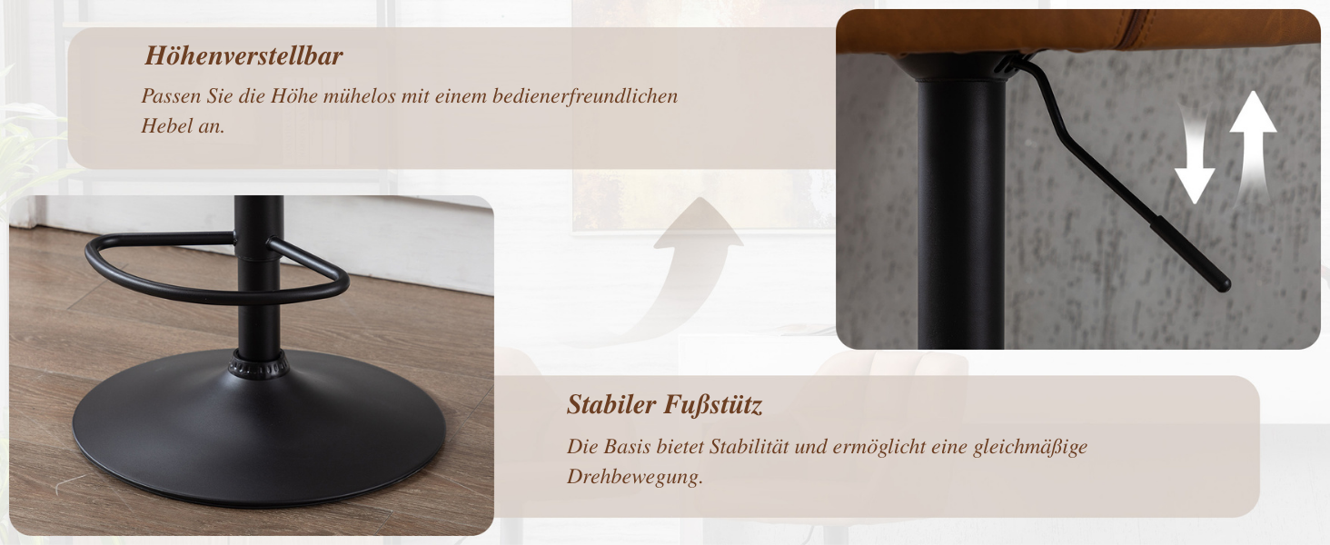 Höhenverstellbares Untergestell für Stühle oder Tische Verfügt über eine schwarze runde Basis mit einer Mittelsäule und einem Fußstützenring. Die Nahaufnahme zeigt den verstellbaren Mechanismus mit einem Doppelpfeil