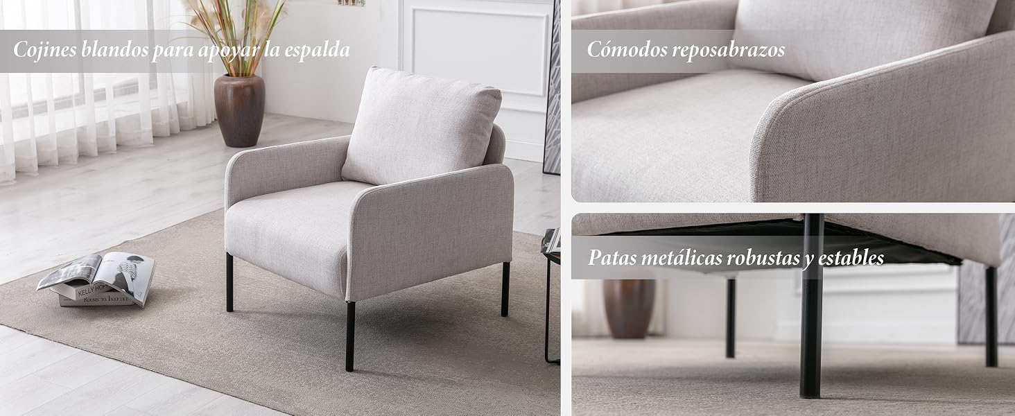 Sillón moderno gris con patas de metal.
