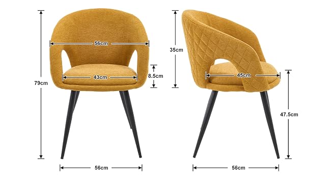 Dimensioni tecniche del prodotto indicate per la sedia con accento giallo senape con schienale curvo e gambe nere. Le angolazioni multiple mostrano le misure di larghezza, altezza e profondità.