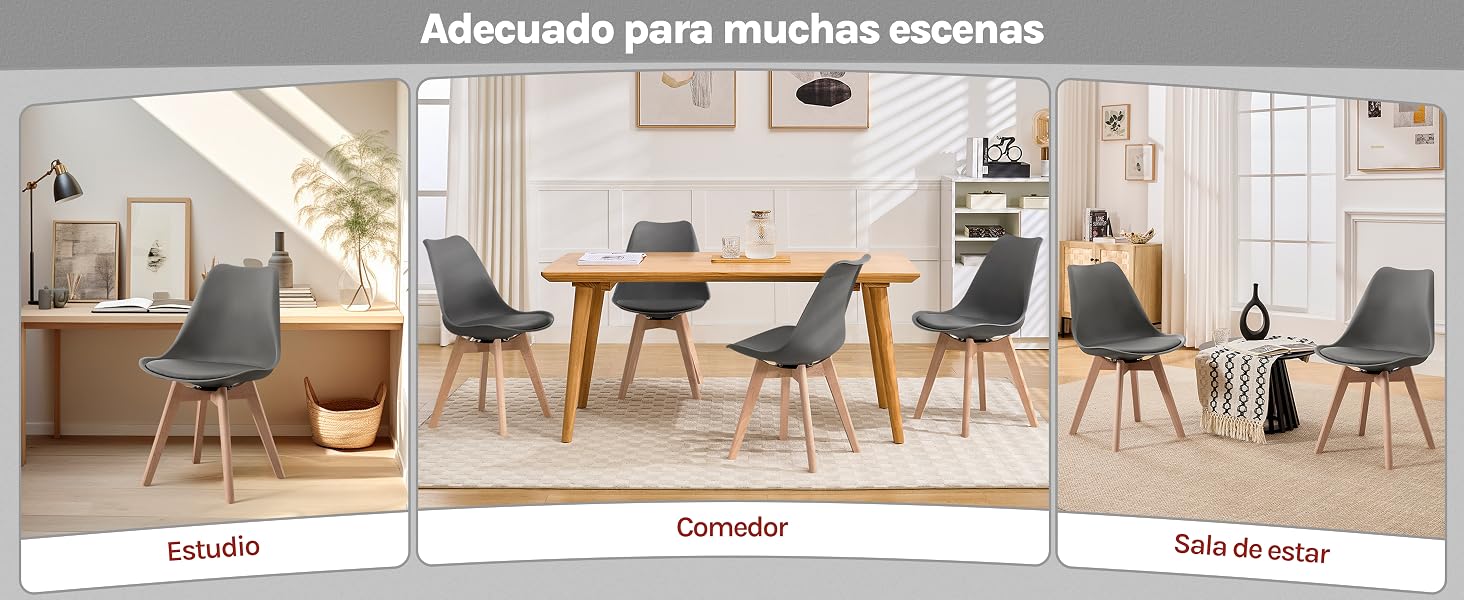 de seis sillas de comedor tapizadas en gris con patas de madera, que se muestran en diferentes ambientes de habitación: estudio, comedor y sala