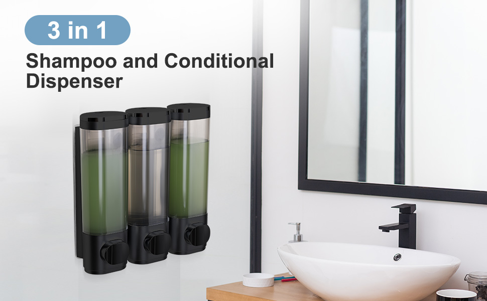 Dispensador de champú y acondicionador 3 en 1 de pared con tres recipientes transparentes.