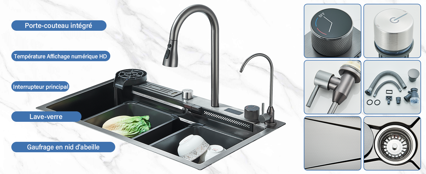 Évier de cuisine noir à double vasque avec robinet en acier inoxydable. Les panneaux latéraux présentent les détails des composants, notamment la crépine de vidange, le matériel de montage et les raccords des robinets. Schémas de montage visibles sur les bords.