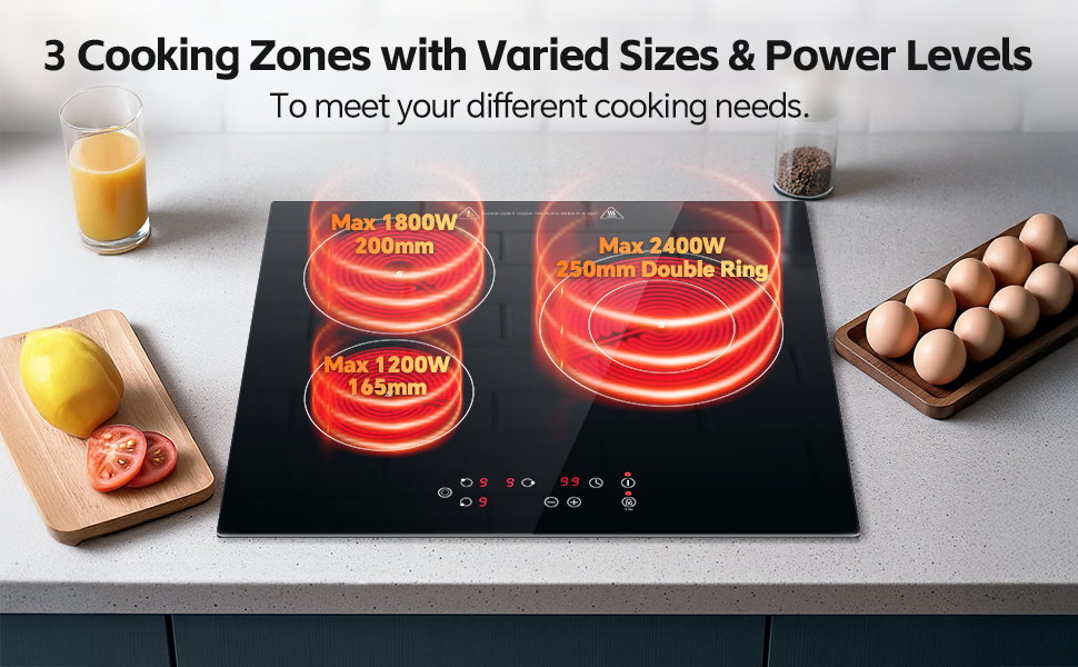 Le texte indique « 3 zones de cuisson de tailles et de niveaux de puissance variés » « Pour répondre à vos différents besoins de cuisson ». Série d'images montrant une table de cuisson à induction avec des cercles lumineux rouges illustrant les zones de cuisson.