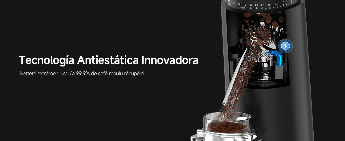 Le texte se lit comme suit : « Tecnología Antiestatica Innovadora ». Fond sombre avec dispositif technique ou électronique visible.