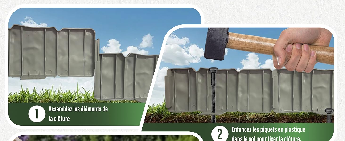 Secuencia educativa que muestra la instalación de bordes de jardín de hormigón o bloques de borde, demostrada en varios pasos sobre un fondo de césped.