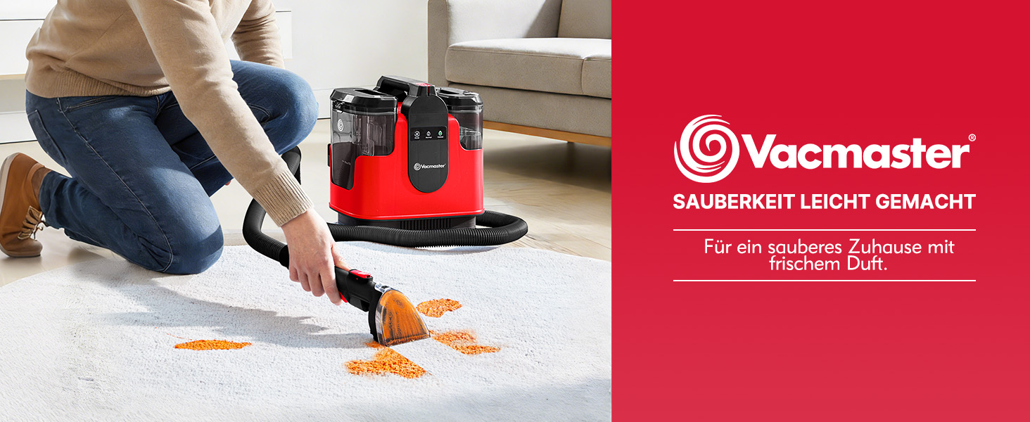 Der Text lautet „Vacmaster“ und „SAUBERKEIT LEICHT GEMACHT“. Die Werbung zeigt einen Staubsauger im Einsatz auf Teppichen und zeigt, wie Orangenablagerungen entfernt werden.