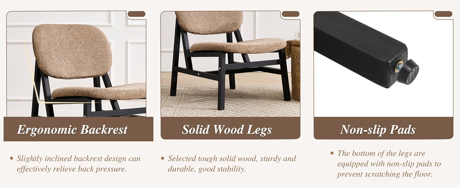 Text reads 'Ergonomic Rocking, Solid Wood Legs, Non-slip Pads.' Product diagram showing furniture components and features.