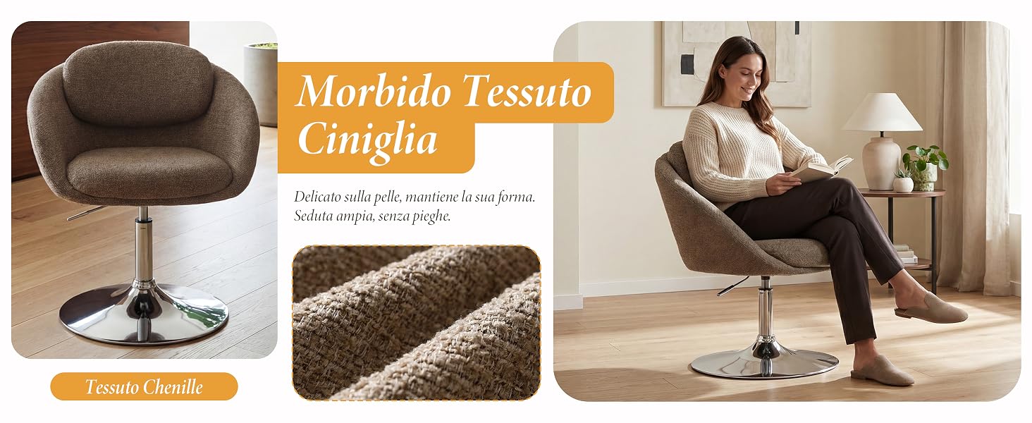 Il testo recita «Mueble Textil Corusha» con i dettagli del prodotto. Immagine divisa che mostra una sedia girevole imbottita marrone e una donna seduta sulla sedia abbinata.
