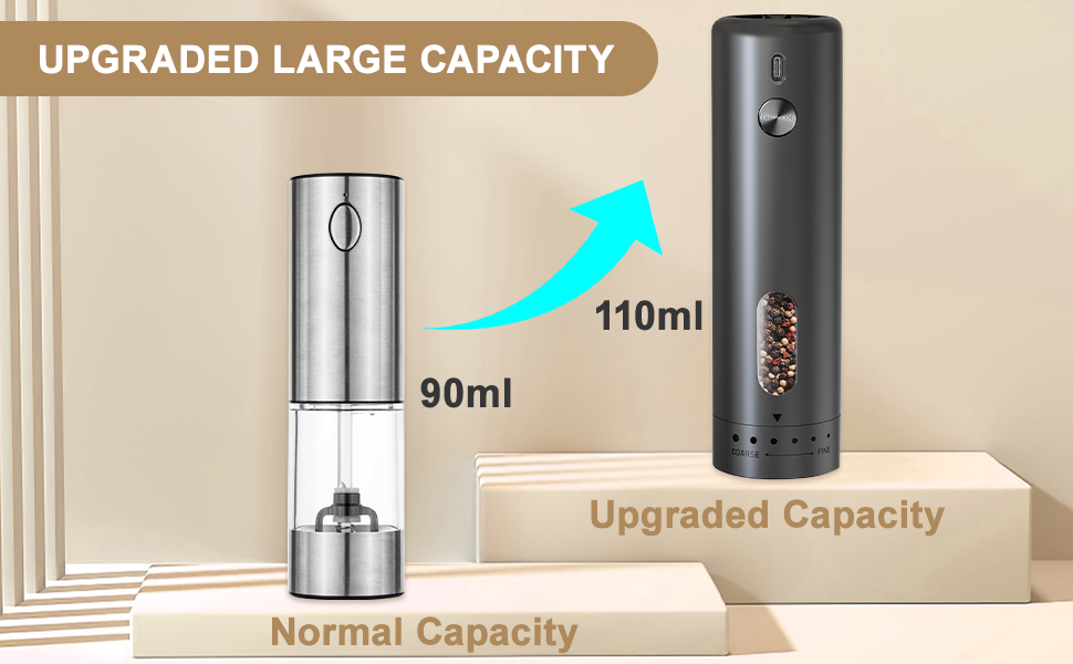 Confronto della capacità del prodotto che mostra due macinacaffè elettrici: una versione standard da 90 ml rispetto a una versione aggiornata da 110 ml con finitura grigio metallizzato