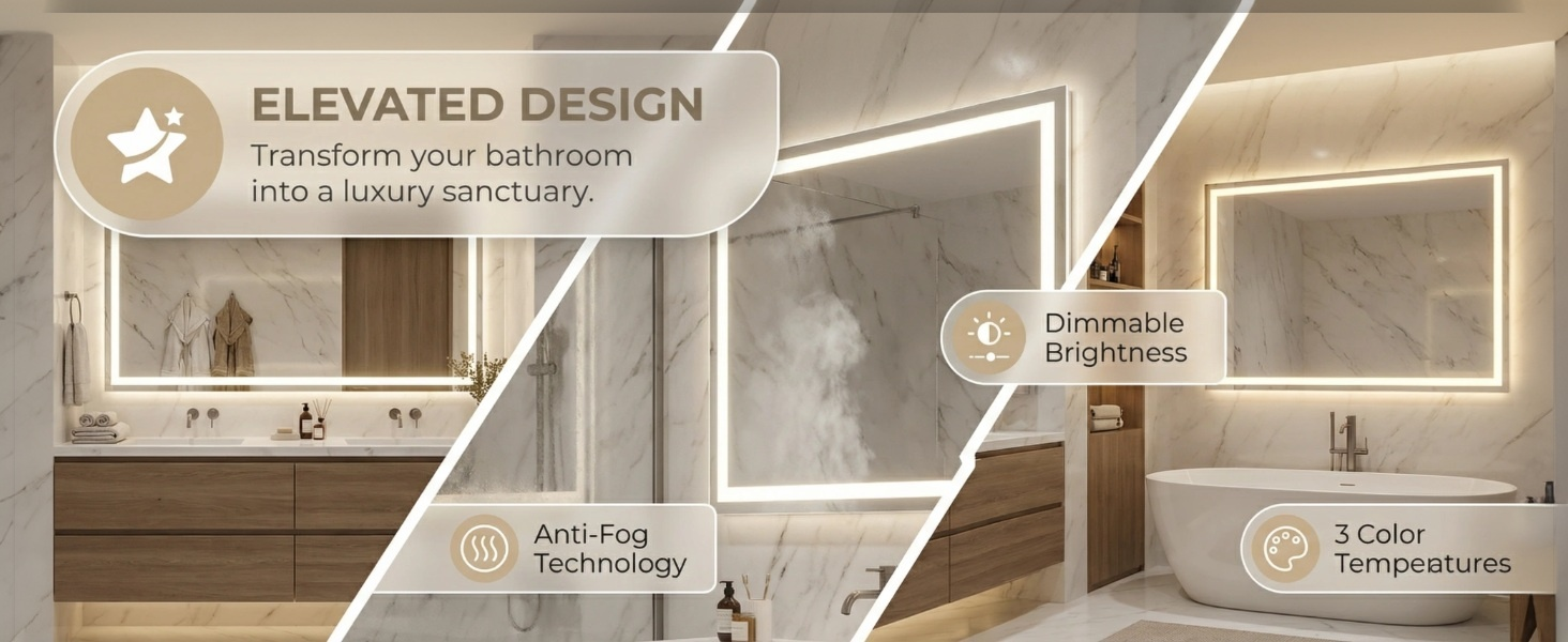 Text reads 'ELEVATED DESIGN'. Bathroom interior diagram with annotated features including lighting, storage, and design elements in warm tones.