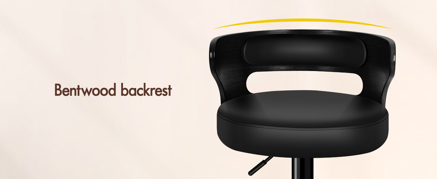 Text reads 'Bentwood backrest'. Black cushioned seat or support device shown against white background.