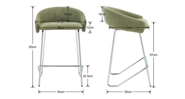 Schémas techniques montrant les dimensions et les mesures d'une chaise ou d'un siège moderne vert olive sous plusieurs angles, y compris des vues latérales et frontales.