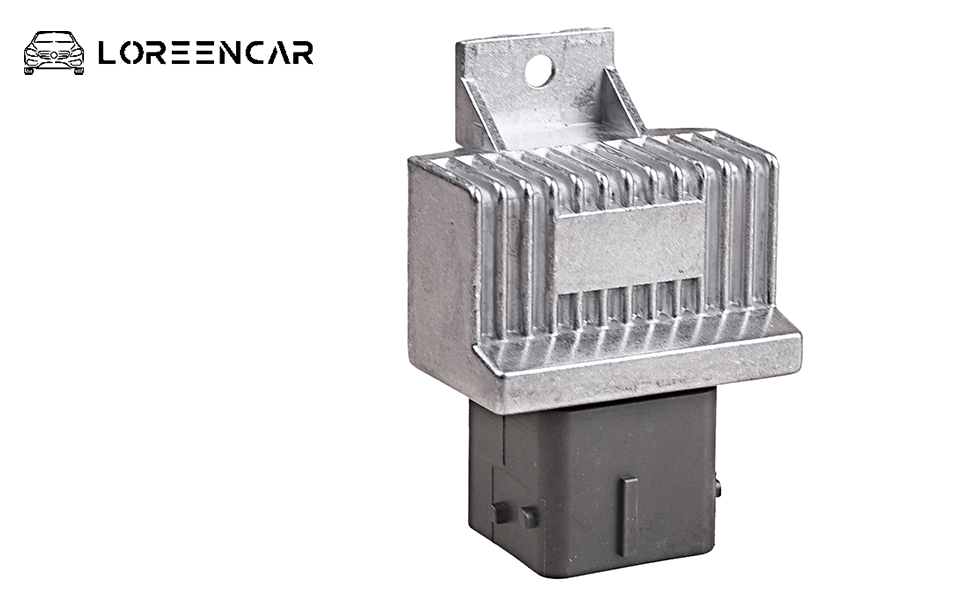 Text reads 'LOREENCAR'. Industrial-style aluminum charging dock with multiple vertical slots and cooling fins, shown from different angles.