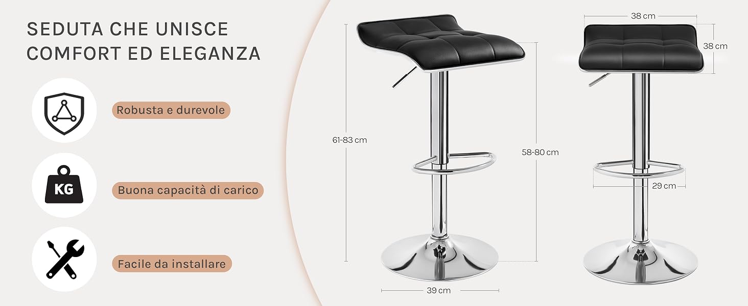 Due sgabelli da bar regolabili neri con sedili curvi e basi cromate. Il diagramma mostra le dimensioni: intervallo di altezza di 60-81 cm, larghezza del sedile 40 cm, profondità del sedile 35 cm.