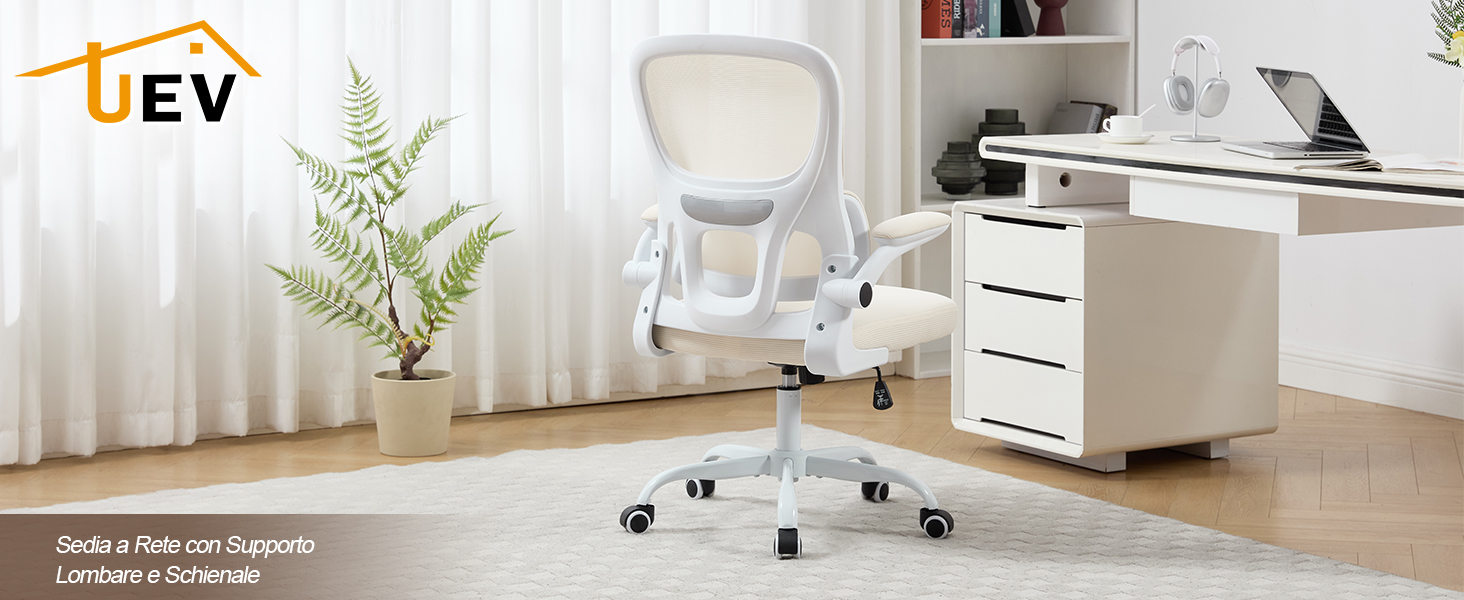 Scrivania da ufficio ergonomica bianca con telaio regolabile in altezza, design pulito e minimalista, con piante e accessori per ufficio in un ambiente luminoso.