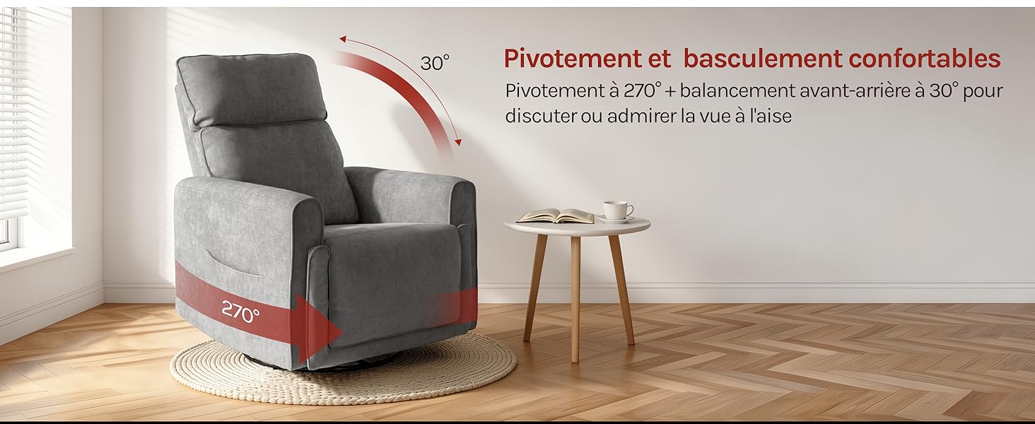 Le texte se lit comme suit : « Pivolement et basculement confortables ». Fauteuil inclinable gris avec bande rouge en position inclinée à côté d'une table en bois sur un plancher en bois.
