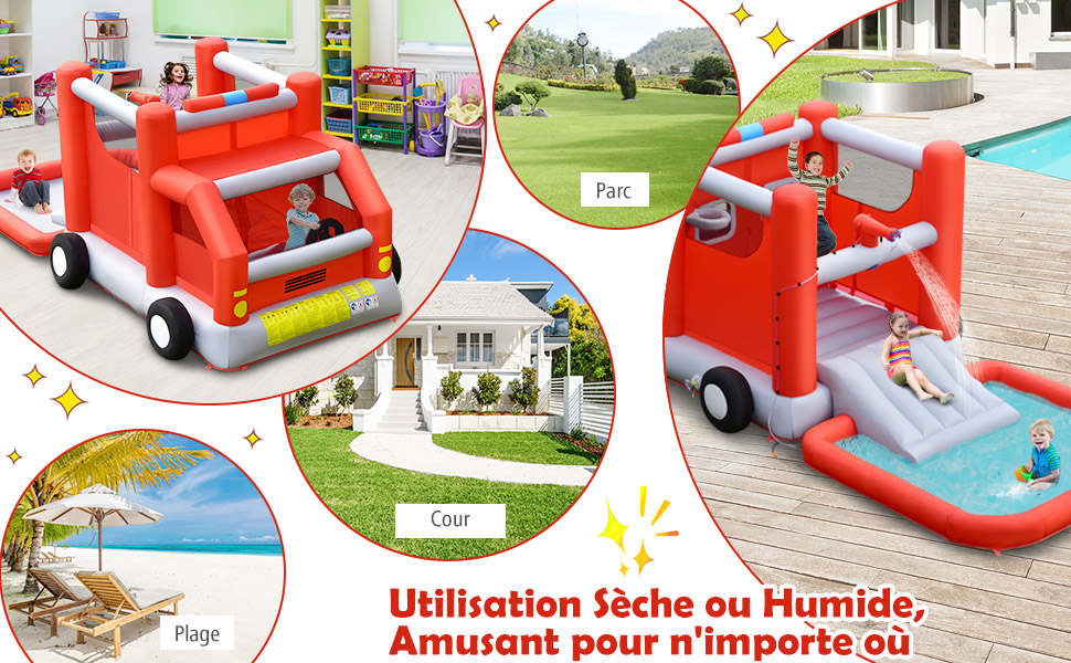 GOPLUS Château Gonflable Camion De Pompiers – Trampoline, Toboggan, Piscine, Pistolet à Eau, Panier Basket – 268x564x212 Cm – Jusqu’à 136 Kg – Souffleur 450W – 3-10 Ans – Sac De Transport