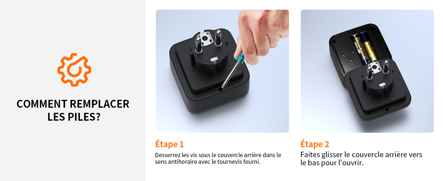 Instructions pour remplacer les piles d'un petit appareil électronique. Montre deux étapes avec des images : ouverture du compartiment à piles et insertion de nouvelles piles.